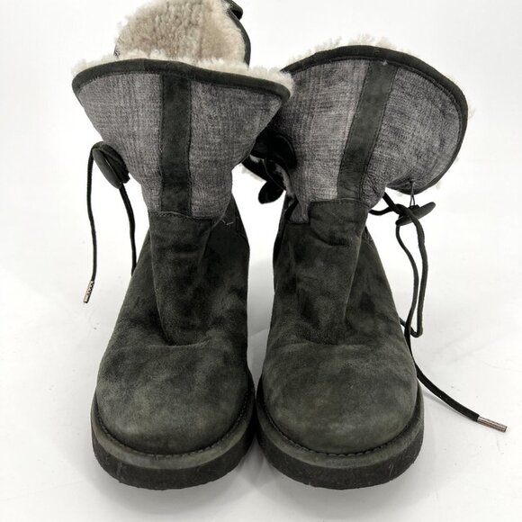 UGG Byanca Gray Suede Leather Sherpa‎ Plaid Foldover Button Boots Size 6 - Picture 4 of 10